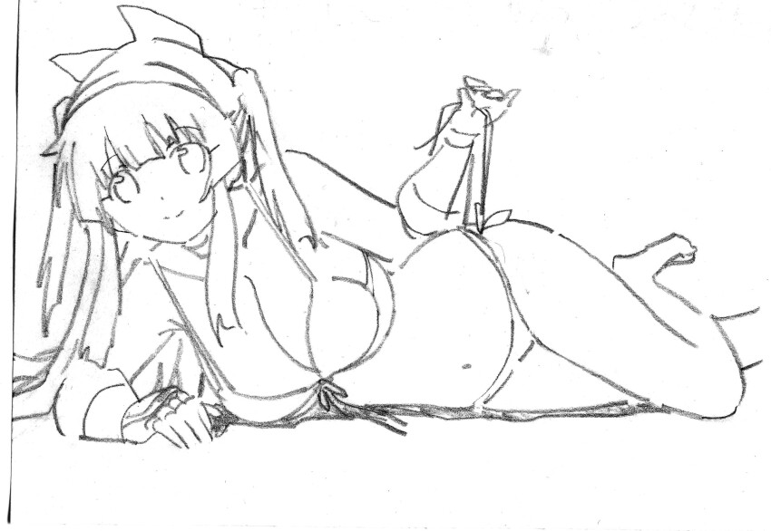 1girl absurdres alternate_costume arm_support artist_name barefoot beach bikini bikini_pull breasts cleavage clothes_pull feet highres large_breasts legs long_hair looking_at_viewer lying monochrome nakoruru navel on_side pulling_own_clothes samurai_spirits sideboob sketch smile snk solo string_bikini string_pull swimsuit teasing the_king_of_fighters thighs traditional_media twintails untying very_long_hair