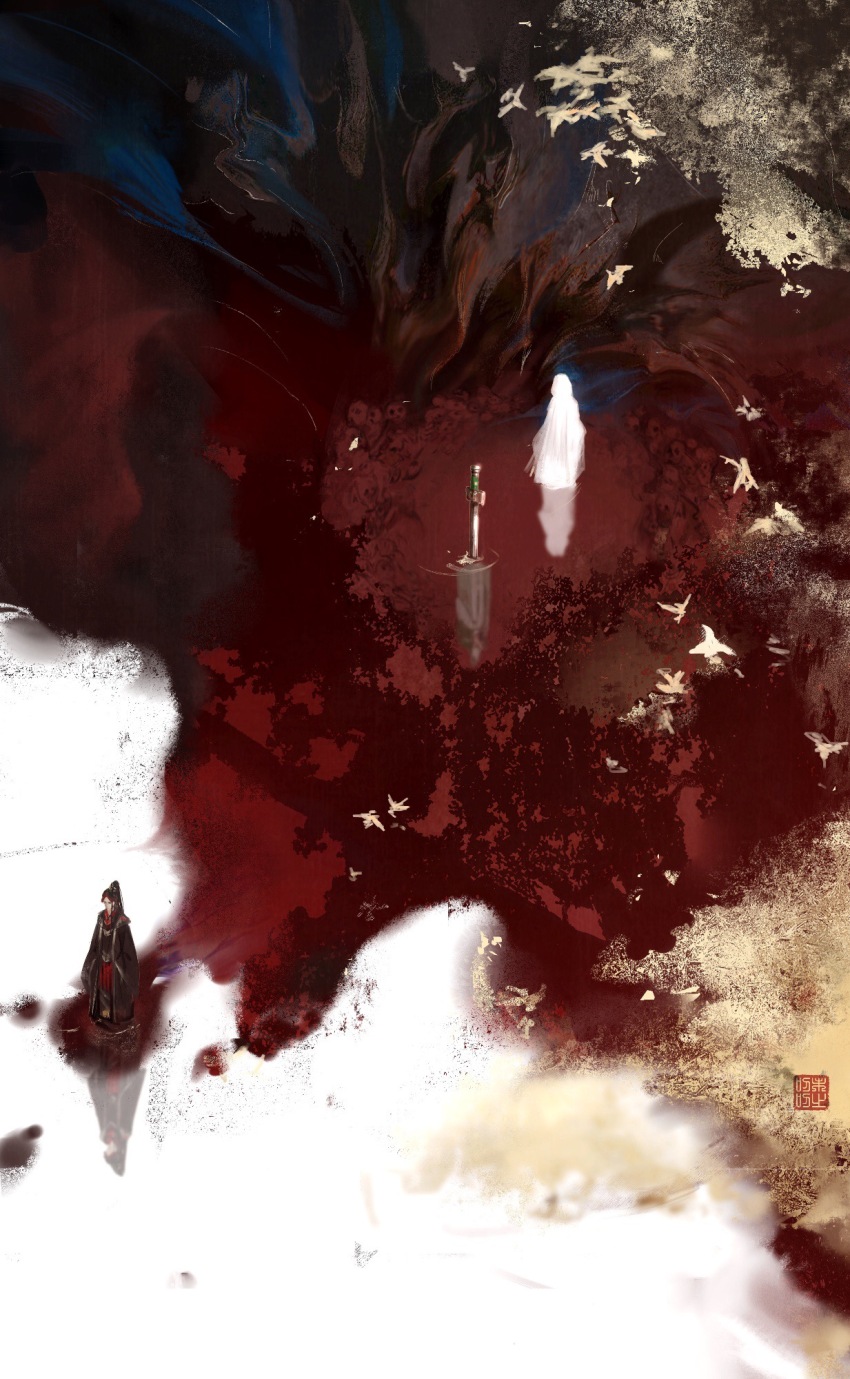 2boys abstract black_hair black_hanfu blood chinese_clothes closed_mouth from_above full_body hanfu high_ponytail highres jinguang_budaixi looking_ahead male_focus mo_cangli multicolored_hair multiple_boys planted planted_sword planted_weapon ponytail pool_of_blood qiao_rulai red_hair seal_impression skull standing sword veil watermark weapon weizhidaodao white_hanfu white_veil wide_shot