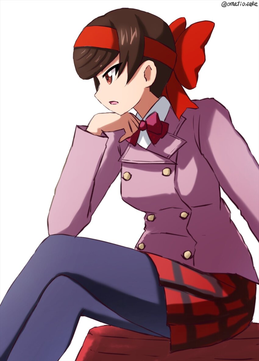 1girl black_pantyhose bow bowtie breasts brown_hair checkered_clothes checkered_skirt collared_shirt girls_und_panzer girls_und_panzer_ribbon_no_musha hair_ribbon head_rest highres jacket miniskirt omachi_(slabco) open_mouth pantyhose pink_jacket pleated_skirt red_bow red_bowtie red_eyes red_ribbon red_skirt ribbon shirt short_hair sitting skirt tsuruki_shizuka white_shirt