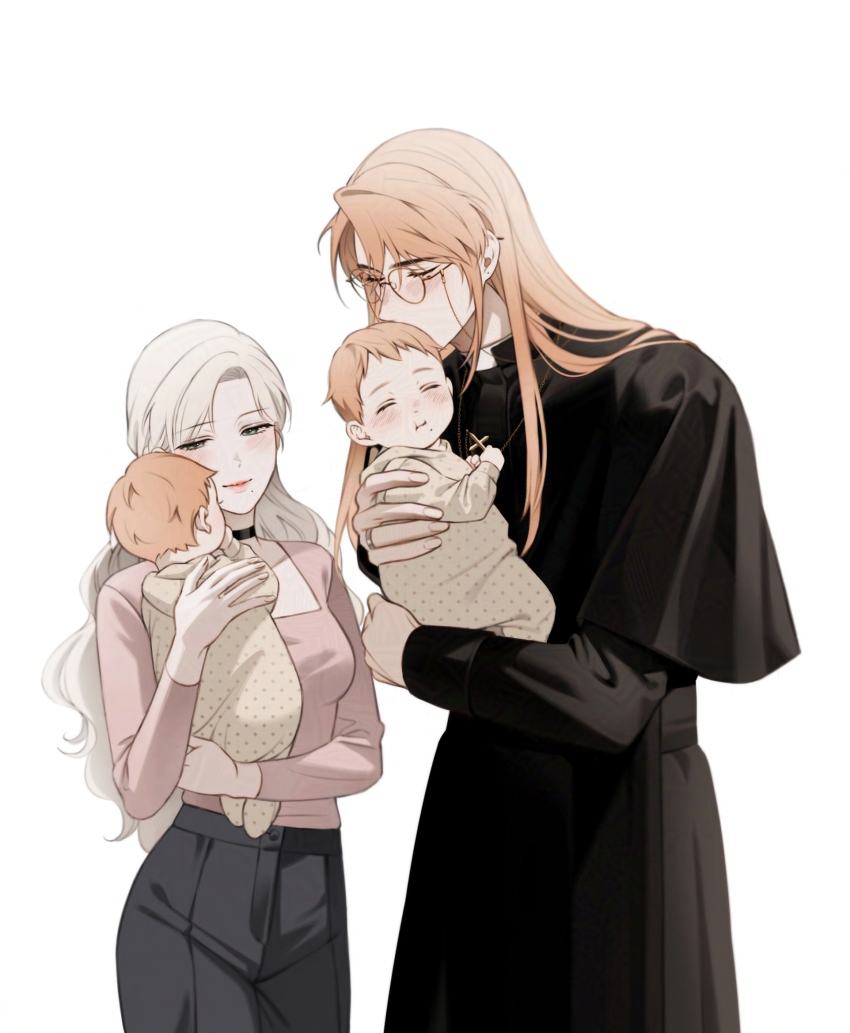 1girl 3boys baby black_choker black_pants carrying carrying_baby carrying_person choker degrees_of_lewdity father_and_son glasses highres if_they_mated ivy_(sinner_o0) kissing_head long_hair mother_and_son multiple_boys orange_hair pants pink_shirt player_character_(degrees_of_lewdity) player_character_(female)_(degrees_of_lewdity) priest round_eyewear shirt short_hair simple_background sinner_o0 sydney_(degrees_of_lewdity) sydney_(male)_(degrees_of_lewdity) white_background white_hair