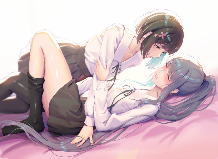 2girls absurdres after_kiss all_fours alternate_hairstyle black_pantyhose black_skirt blush closed_eyes clothes_pull commentary flowers_(innocent_grey) girl_on_top grabbing_another&#039;s_arm green_eyes green_hair grey_hair hair_ornament hair_scrunchie hair_spread_out highres kafkasea long_hair long_sleeves lying mole mole_under_eye multiple_girls multiple_moles no_shoes on_back pantyhose pantyhose_pull parted_lips pleated_skirt ponytail saliva saliva_trail sasaki_ichigo school_uniform scrunchie shirt short_hair skirt thighs very_long_hair white_shirt yatsushiro_yuzuriha yuri