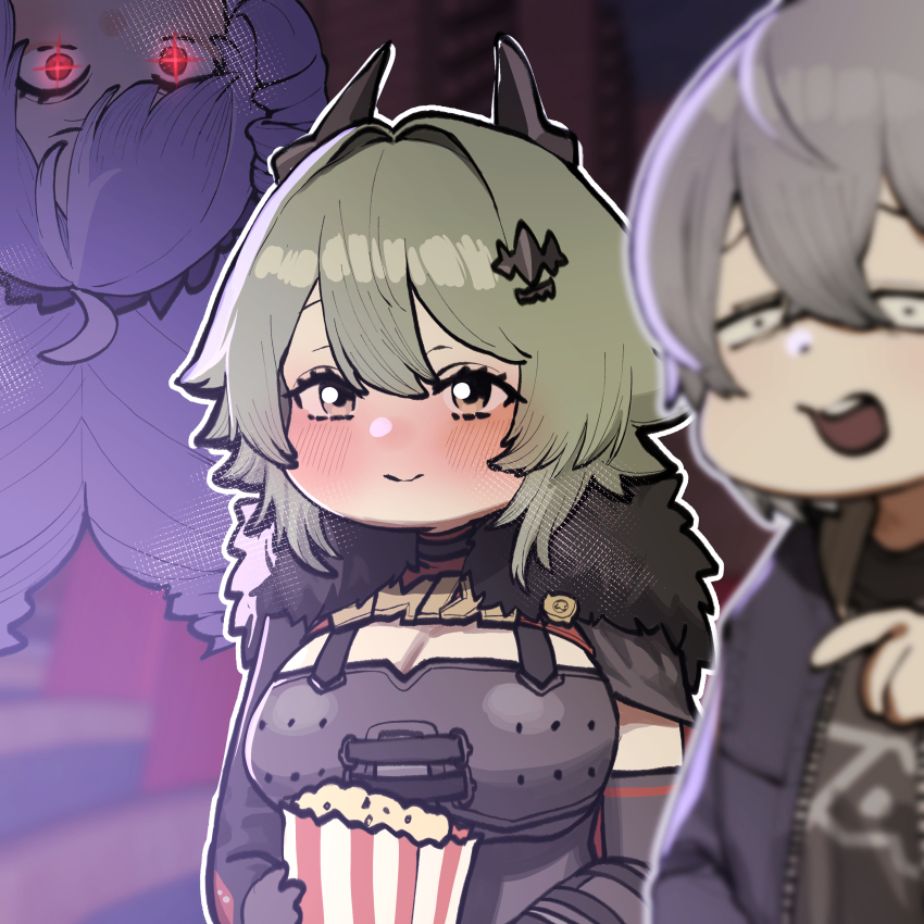 +_+ 1boy 2girls absurdres ahoge arm_out_of_sleeve blurry blurry_foreground blush caesar_king_(zenless_zone_zero) chibi chibi_only chroong closed_mouth crossed_bangs double-parted_bangs drill_hair eyebrows_hidden_by_hair food gloves glowing glowing_eyes green_hair hair_between_eyes hair_intakes hair_ornament highres indoors jacket long_hair multiple_girls open_clothes open_jacket open_mouth parted_bangs pointing popcorn purple_eyes raised_inner_eyebrows red_eyes shaded_face shirt short_hair smile theater twin_drills upside-down vivian_banshee wise_(zenless_zone_zero) zenless_zone_zero
