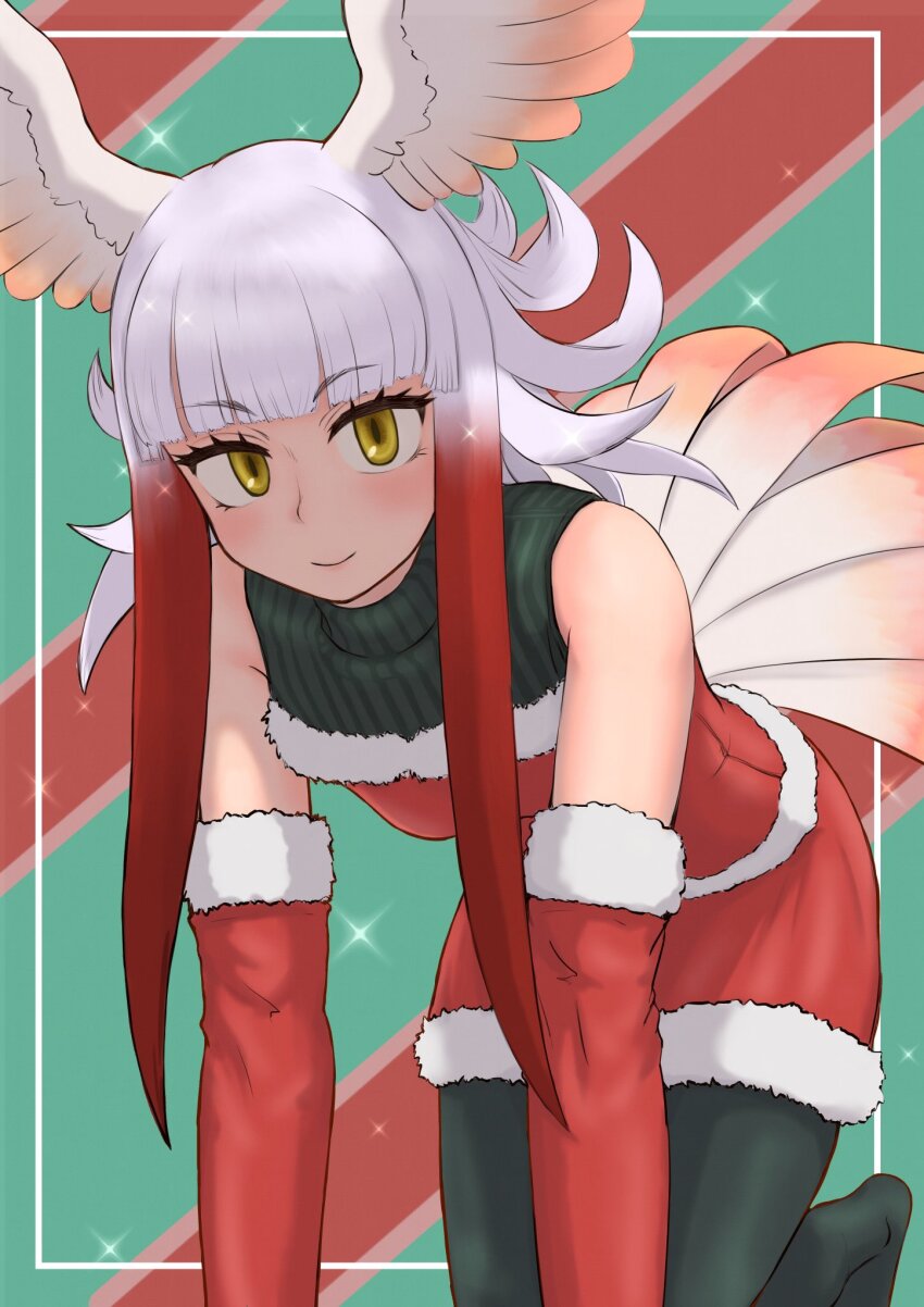 1girl all_fours aotsuki_tsutome bare_shoulders bird_girl bird_tail bird_wings black_pantyhose blunt_bangs blush elbow_gloves fur_trim gloves green_sweater head_wings highres japanese_crested_ibis_(kemono_friends) kemono_friends looking_at_viewer multicolored_hair no_shoes pantyhose red_gloves red_hair red_shirt red_skirt santa_costume shirt short_hair short_hair_with_long_locks sidelocks skirt sleeveless smile solo sweater tail turtleneck turtleneck_sweater white_fur white_hair wings yellow_eyes