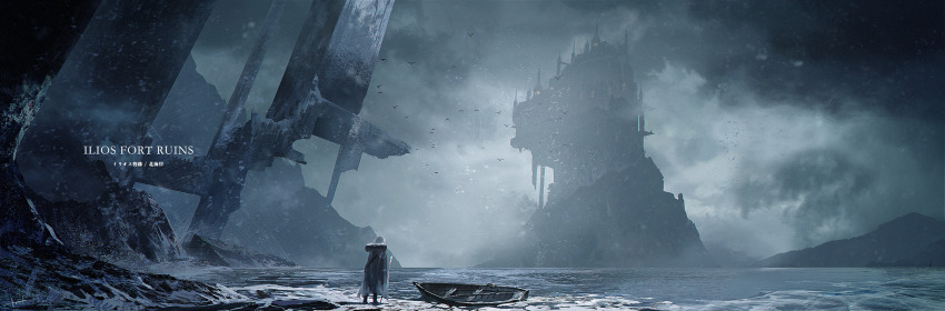 1girl boat castle concept_art fantasy fog highres ocean original ruins scenery tmt watercraft