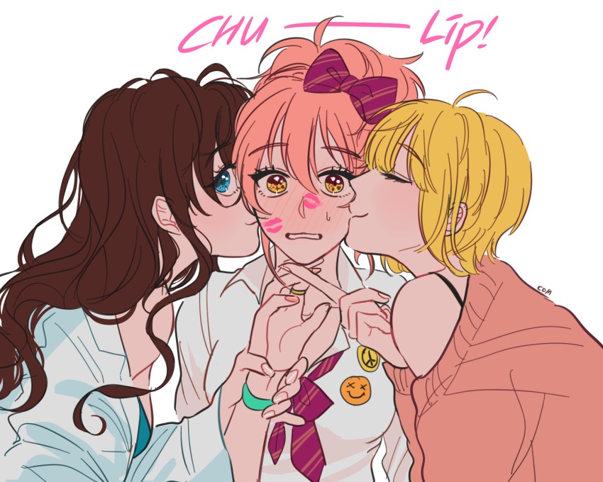 3girls artist_name blonde_hair blue_eyes blush brown_hair com_(com0107) commentary closed_eyes highres holding_another&#039;s_wrist ichinose_shiki idolmaster idolmaster_cinderella_girls jougasaki_mika lipps_(idolmaster) lipstick_mark looking_at_viewer miyamoto_frederica multiple_girls nail_polish pink_hair pink_nails upper_body white_background yellow_eyes yuri