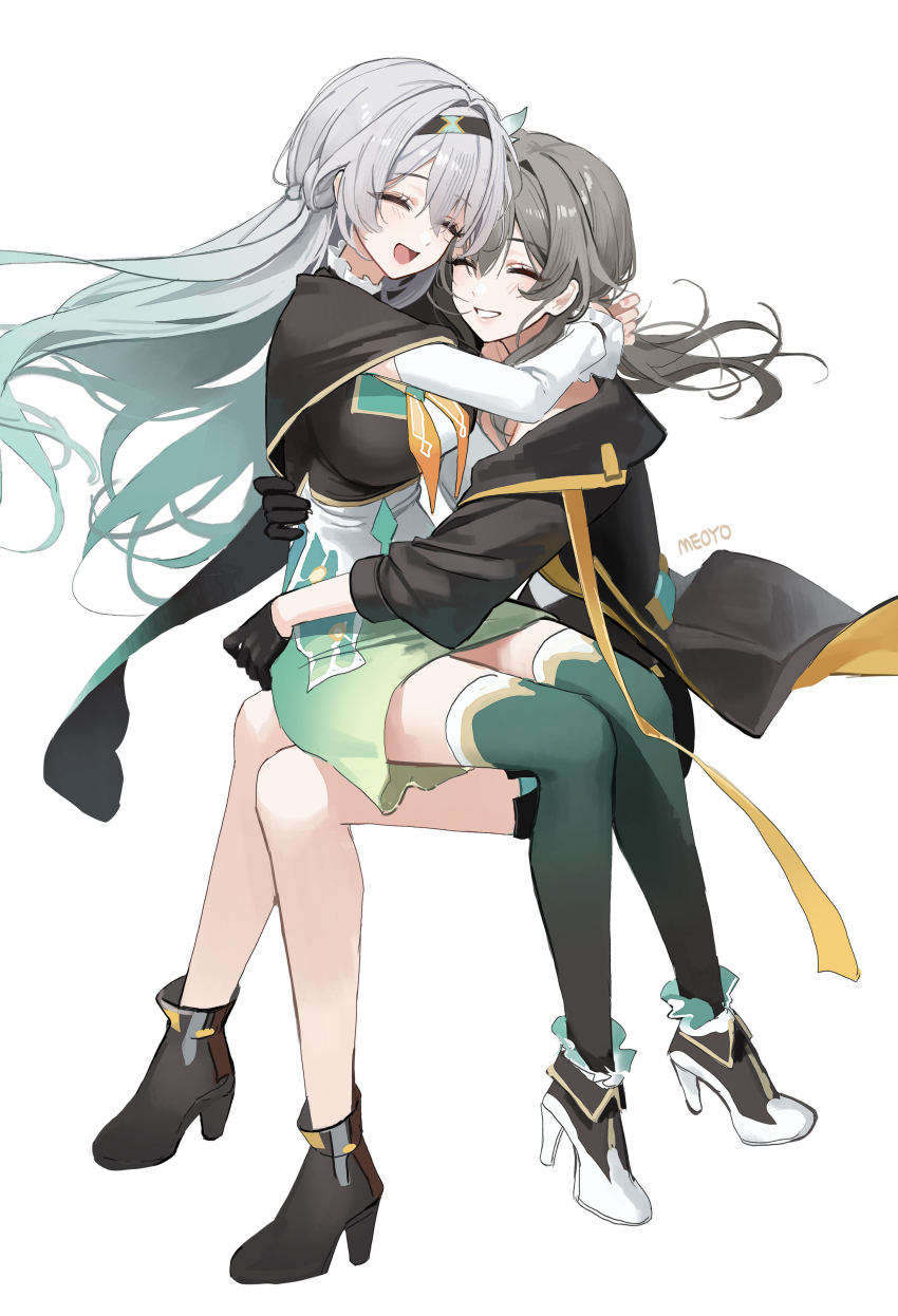 2girls absurdres bare_legs black_gloves black_hairband black_jacket breasts closed_eyes firefly_(honkai:_star_rail) gloves gradient_hair green_hair green_skirt grey_hair grey_thighhighs hairband highres honkai:_star_rail honkai_(series) jacket large_breasts legs long_hair medium_hair meoyo multicolored_hair multiple_girls neckerchief open_mouth orange_neckerchief parted_lips shirt simple_background sitting sitting_on_lap sitting_on_person skirt smile stelle_(honkai:_star_rail) thigh_strap thighhighs thighs trailblazer_(honkai:_star_rail) white_background white_shirt yuri