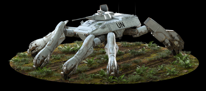 3d absurdres cannon commentary damaged dirty english_commentary english_text grass grenade_launcher highres kidou_keisatsu_patlabor lights mecha military military_vehicle motor_vehicle mud non-humanoid_robot plant radha_(patlabor) radio_antenna realistic robot roundel science_fiction tank turret united_nations walker_(robot) weapon wheel yamyam