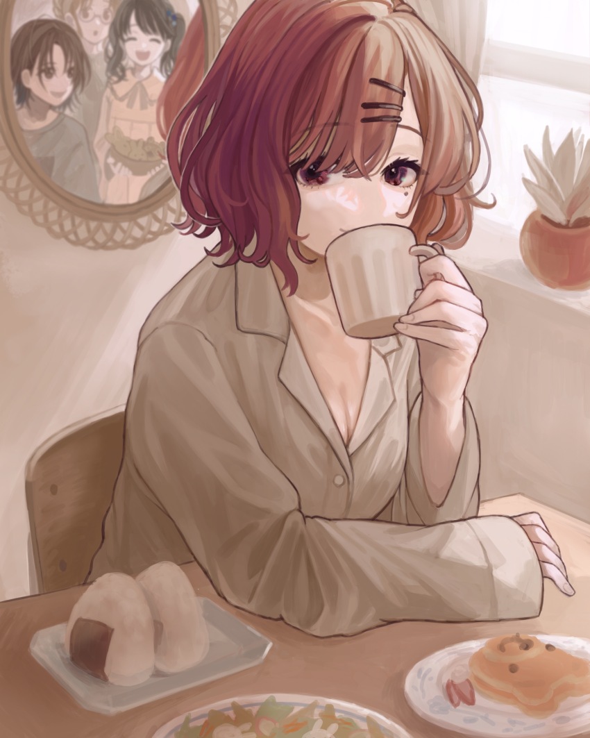 4girls :d :o absurdres animal-themed_food arm_on_table asakura_toru black_hair bowl breasts brown_hair chair cleavage closed_eyes closed_mouth collarbone commentary_request cup elbow_on_table food fruit fukumaru_koito glasses grey_pajamas hair_ornament hair_over_one_eye hairpin hand_up highres higuchi_madoka holding holding_bowl holding_cup ichikawa_hinana idolmaster idolmaster_shiny_colors indoors long_sleeves looking_at_another looking_at_viewer medium_breasts medium_hair mirror mole mole_under_eye mug multiple_girls multiple_hairpins noctchill_(idolmaster) on_chair onigiri open_mouth pajamas pancake pancake_stack parted_bangs plant plant_request plate potted_plant raised_eyebrows red_eyes sitting sleeves_past_wrists smile solo_focus strawberry table tanupon thick_eyelashes twintails wavy_hair