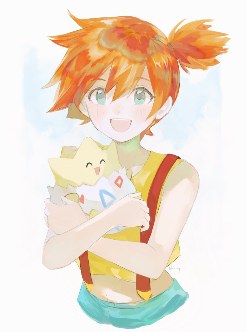 1girl :d ^_^ absurdres aubz blue_eyes closed_eyes cropped_legs gen_2_pokemon hair_between_eyes highres holding holding_pokemon misty_(pokemon) navel nintendo open_mouth orange_hair pokemon pokemon_(anime) pokemon_(classic_anime) pokemon_(creature) rachael_lillis smile suspenders togepi topknot
