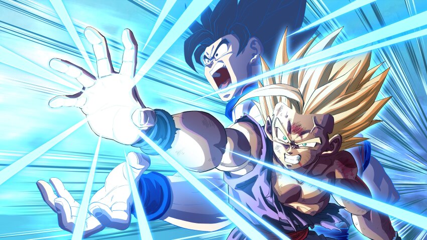2boys absurdres anger_vein black_eyes black_hair blonde_hair blood blood_from_mouth bruise bruise_on_face clenched_teeth commentary dragon_ball dragonball_z eegiiartto english_commentary father-son_kamehameha father_and_son green_eyes highres injury kamehameha_(dragon_ball) male_focus motion_lines multiple_boys muscular muscular_male open_mouth son_gohan son_goku speed_lines super_saiyan super_saiyan_2 teeth torn_clothes
