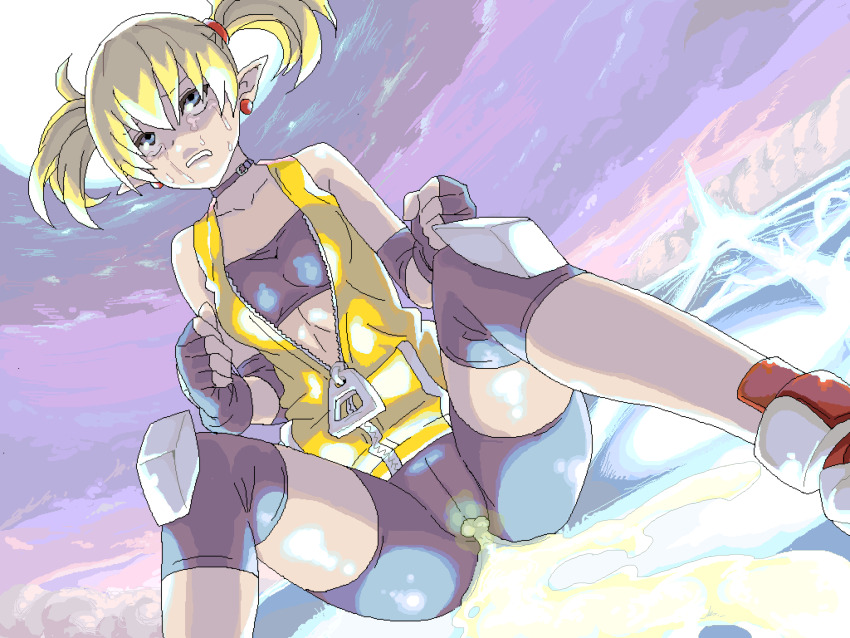 1girl arcana_heart bike_shorts blonde_hair blue_eyes breasts cameltoe clenched_hand demon_girl fingerless_gloves gloves highres legs lilica_felchenerow medium_breasts oekaki peeing pointy_ears sitting solo tears thighs twintails unzipped