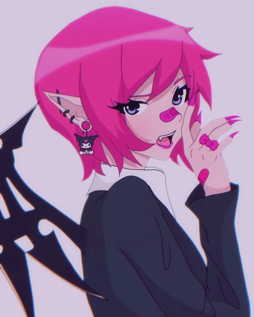 1girl bandaid bandaid_on_face bandaid_on_hand bandaid_on_nose black_suit black_wings blue_eyes collared_shirt eyebrows_hidden_by_hair fang fingernails formal_clothes highres lipstick makeup nail_polish pink_hair pink_nails pointy_ears sharp_fingernails shin_subarashiki_kono_sekai shirt short_hair spiked_wings subarashiki_kono_sekai suit white_shirt wings yashiro_uzuki