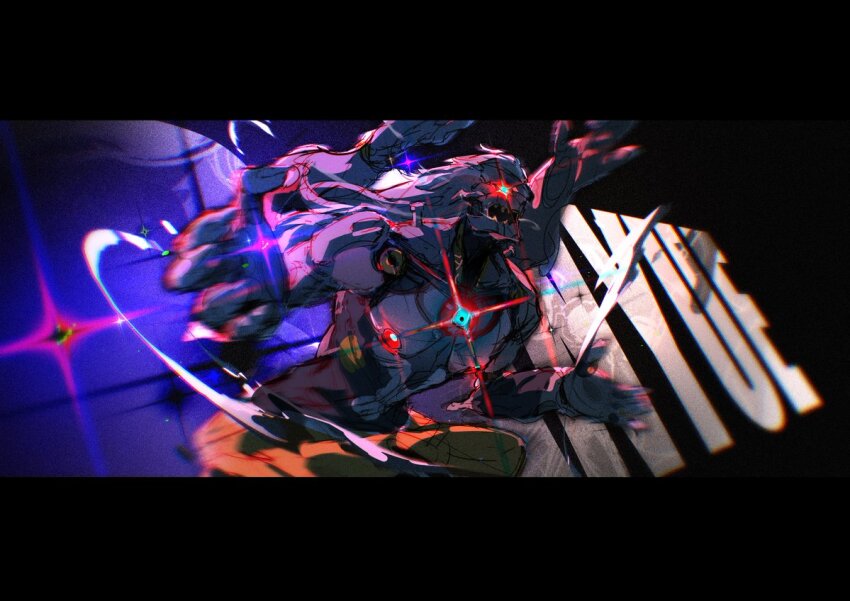 1boy artificial_eye banyue_(zenless_zone_zero) biceps black_border border character_name clothes_around_waist extra_arms glowing glowing_eyes humanoid_robot long_hair male_focus mechanical_arms mechanical_eye mechanical_hands mechanical_legs metal_skin open_mouth orb red_eyes robot robot_boy rosem_lin sharp_teeth solo sparkle teeth white_hair zenless_zone_zero