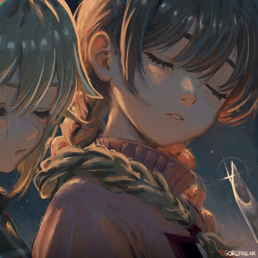 2girls blonde_hair braid brown_hair closed_eyes commentary english_commentary frown glint hair_over_shoulder knife long_hair madotsuki multiple_girls parted_lips pink_sweater spicyfuse sweater turtleneck turtleneck_sweater twin_braids urotsuki yume_2kki yume_nikki