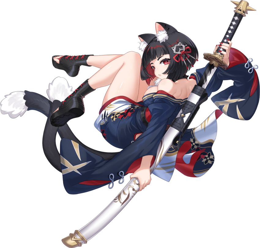 1girl animal_ears blush cat cat_ears cat_girl cat_tail full_body highres kuro_(outerplane) looking_at_viewer open_mouth outerplane smile sword tail weapon