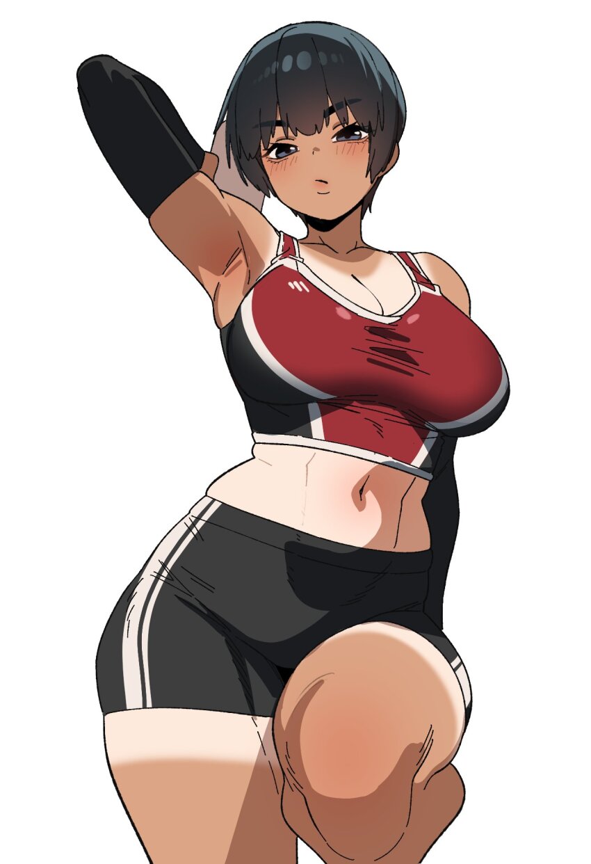 1girl armpits black_eyes black_hair breasts highres in_(ain) large_breasts looking_at_viewer navel original short_hair simple_background solo tan tanline tomboy white_background