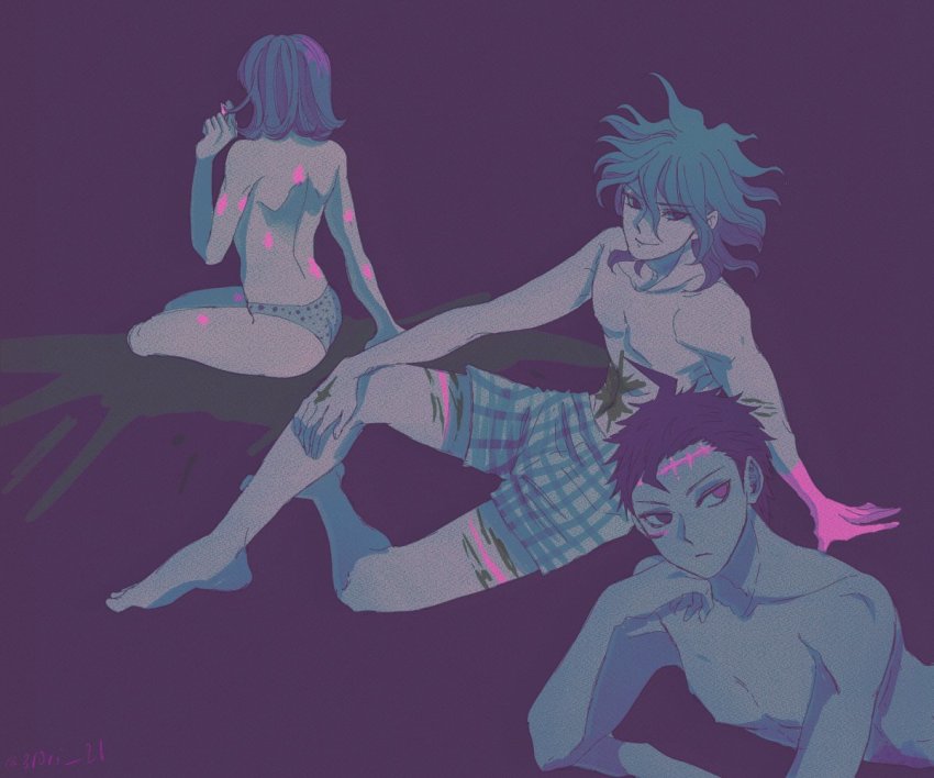 1girl 2boys ahoge ass barefoot blood closed_mouth collarbone danganronpa_(series) danganronpa_2:_goodbye_despair from_behind grey_hair grey_male_underwear hand_up heterochromia hinata_hajime komaeda_nagito male_underwear medium_hair messy_hair midori_(310ri_21) multiple_boys nanami_chiaki pink_blood plaid_clothes plaid_male_underwear red_eyes short_hair sitting smile topless_female topless_male underwear
