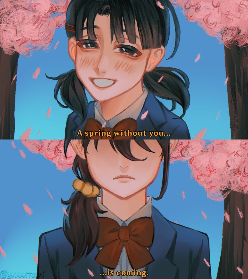 2girls black_hair black_jacket blush bow bowtie braid cherry_blossoms collared_shirt english_text grin hair_ornament hairclip highres jacket kiryuu_(yuuuurrochi) koharu_(love-bullet) looking_at_viewer love-bullet medium_hair multiple_girls red_bow red_bowtie shirt short_twintails side_braid smile tamaki_aki teeth twintails white_shirt yuri