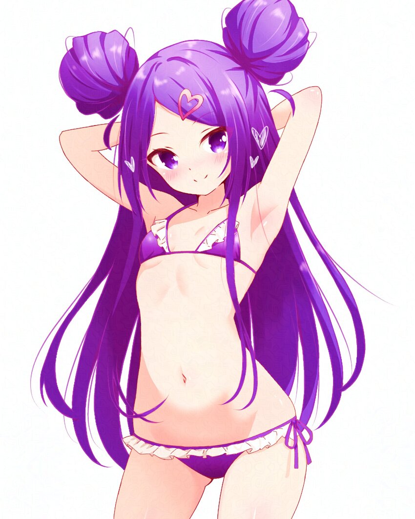 1girl armpits arms_behind_head bare_shoulders bikini breasts closed_mouth collarbone cowboy_shot double_bun hair_bun hair_ornament hairclip halterneck highres hitorilily long_hair looking_at_viewer micro_bikini navel ochikobore_fruit_tart parted_bangs presenting_armpit purple_bikini purple_eyes purple_hair sekino_roko simple_background small_breasts smile solo split_mouth standing swimsuit very_long_hair white_background