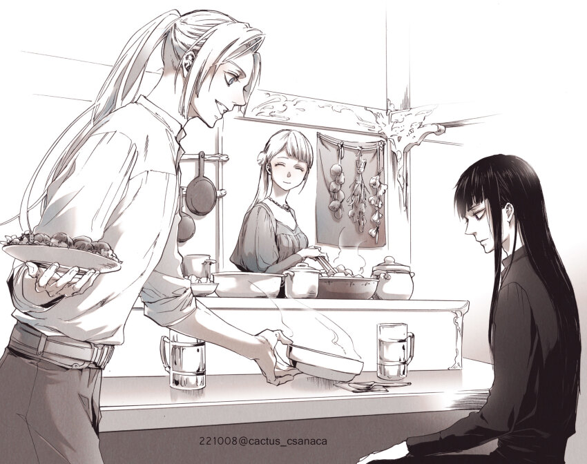 1girl 2boys ^_^ arthur_beresford belt bowl breasts character_request closed_eyes cooking cooking_pot counter csanaca cup dated drink expressionless facing_viewer food frying_pan hair_bun hanging_food happy harrison_dirk herb_bundle higeki_no_genkyou_tonaru_saikyou_gedou_last_boss_joou_wa_tami_no_tame_ni_tsukushimasu highres holding holding_bowl holding_plate juliet_sleeves long_hair long_sleeves looking_at_another meal medium_breasts mug multiple_boys open_mouth plate ponytail profile puffy_sleeves side_ponytail single_side_bun sitting sketch sleeves_rolled_up smile spoon steam straight_hair twitter_username