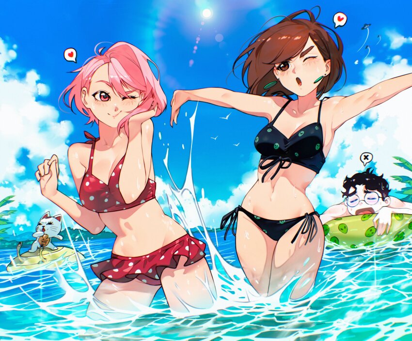 1boy 2girls armpits ayase_momo bikini bikini_skirt black_bikini black_hair blue_sky blush breasts brown_eyes brown_hair cat cesar_art456 closed_eyes closed_mouth cloud commentary_request cowboy_shot dandadan day earrings front-tie_bikini_top front-tie_top glasses heart highres innertube jewelry large_breasts lens_flare mr._mantis_shrimp multiple_girls ocean one_eye_closed open_mouth outdoors outstretched_arms partially_submerged pink_eyes pink_hair polka_dot polka_dot_bikini red_bikini round_eyewear shiratori_aira_(dandadan) short_hair side-tie_bikini_bottom simple_bird sky smile spanish_commentary speech_bubble splashing spoken_heart spoken_x spread_arms standing sun swim_ring swimsuit takakura_ken_(dandadan) turbo_granny_(dandadan) ufo wading water water_drop wet