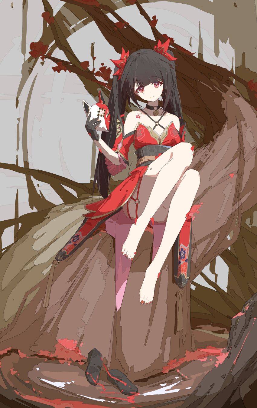 1girl absurdres barefoot bell black_gloves black_hair black_sash breasts dress eyebrows_hidden_by_hair fox_mask full_body gloves highres holding holding_mask honkai:_star_rail honkai_(series) jingle_bell kbkita long_hair looking_at_viewer mask nail_polish neck_bell obi red_dress red_eyes sandals sash sitting small_breasts smile solo sparkle_(honkai:_star_rail) toenail_polish toenails tree twintails unworn_mask unworn_sandals very_long_hair
