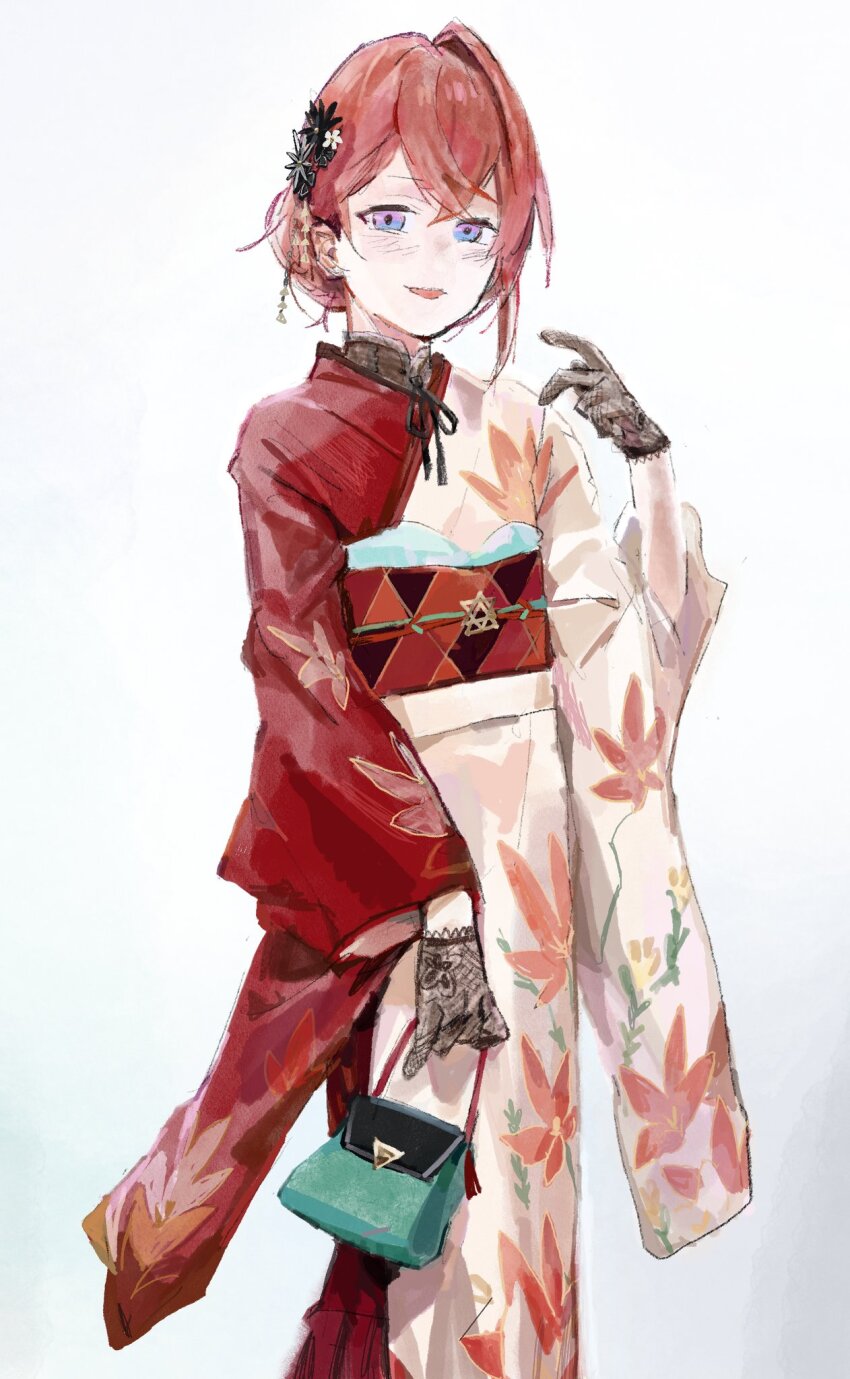 1girl ange_katrina ange_katrina_(new_year) aqua_bag bag black_flower black_gloves blue_eyes blush brown_sash crossed_bangs fat-feit feet_out_of_frame flat_chest floral_print floral_print_kimono flower furisode gloves hair_bun hair_flower hair_ornament hand_up handbag hashtag-only_commentary highres holding holding_bag japanese_clothes kanzashi kimono lace lace_gloves long_sleeves looking_at_viewer multicolored_eyes multicolored_sash nijisanji obi obiage obijime open_mouth orange_sash print_kimono purple_eyes red_hair red_kimono red_sash sash single_hair_intake sketch smile solo standing three_quarter_view tsumami_kanzashi two-tone_eyes virtual_youtuber white_background white_kimono