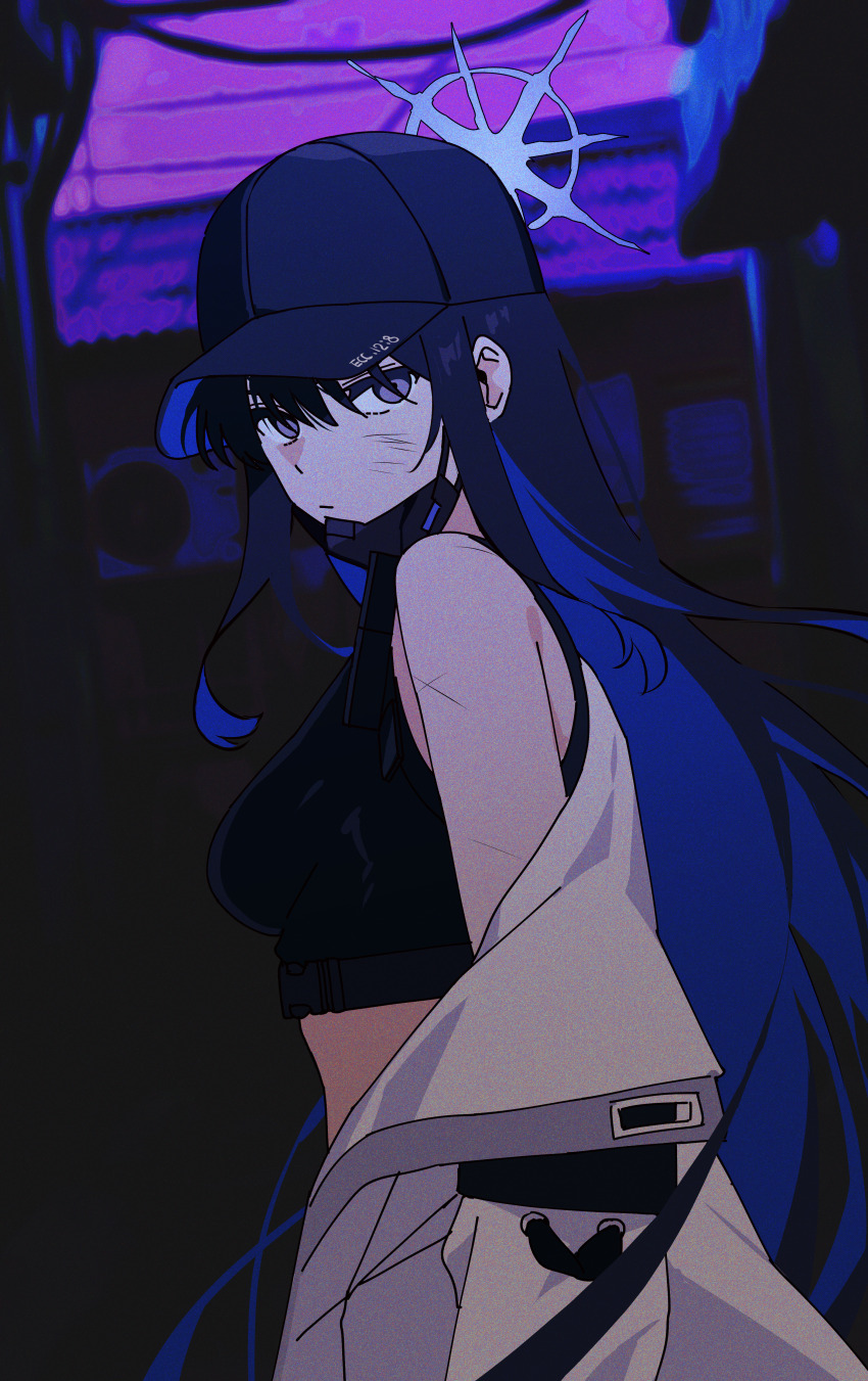 1girl absurdres baseball_cap black_hair black_hat black_mask blanchat blue_archive blue_hair breasts closed_mouth colored_inner_hair crop_top hair_between_eyes halo hat highres jacket long_hair looking_at_viewer mask mask_around_neck medium_breasts mouth_mask multicolored_hair off_shoulder purple_eyes saori_(blue_archive) scrape simple_background solo swept_bangs very_long_hair white_jacket