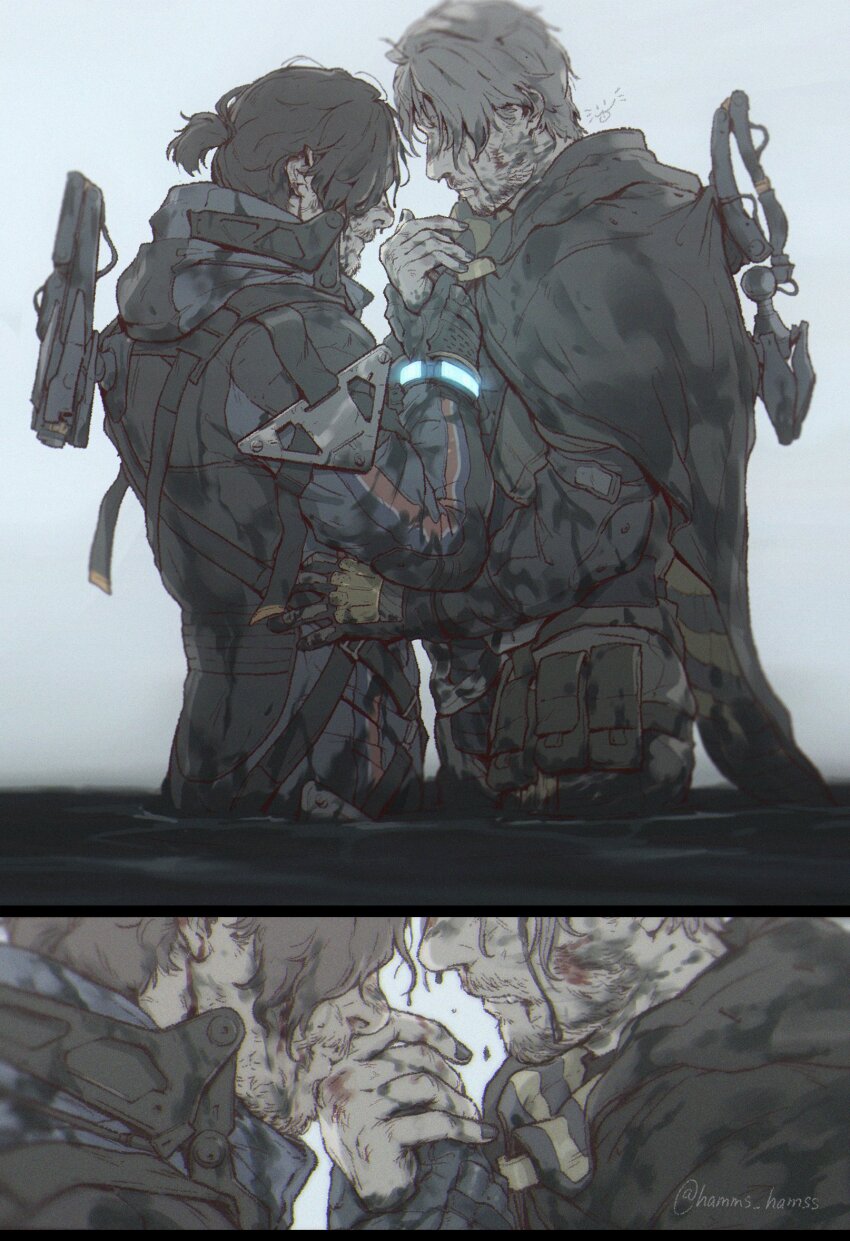 2boys black_gloves black_hair black_jacket black_nails black_pants blue_jacket blue_pants couple death_stranding dirty dirty_clothes dirty_face facial_hair gloves goatee grey_hair gun hamms_hamss higgs_(death_stranding) highres holding_hands jacket kiss kissing_hand male_focus mature_male multiple_boys mustache pants ponytail sam_porter_bridges short_hair twitter_username weapon weapon_on_back yaoi