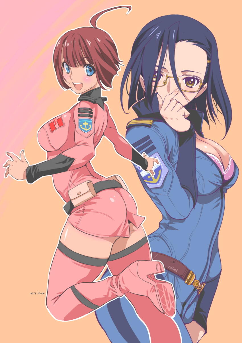 2girls ahoge ass belt black_hair black_panties blue_eyes blush bodysuit boots bra breasts brown_eyes brown_hair cleavage glasses hair_ornament hairclip harada_makoto highres inoue_sora large_breasts looking_at_viewer looking_back loose_belt multiple_girls niimi_kaoru panties pantylines photoshop_(medium) pink_boots pink_bra semi-rimless_eyewear short_hair signature skin_tight smile textless_version thigh_boots thighhighs uchuu_senkan_yamato uchuu_senkan_yamato_2199 under-rim_eyewear underwear unzipped yellow-framed_eyewear