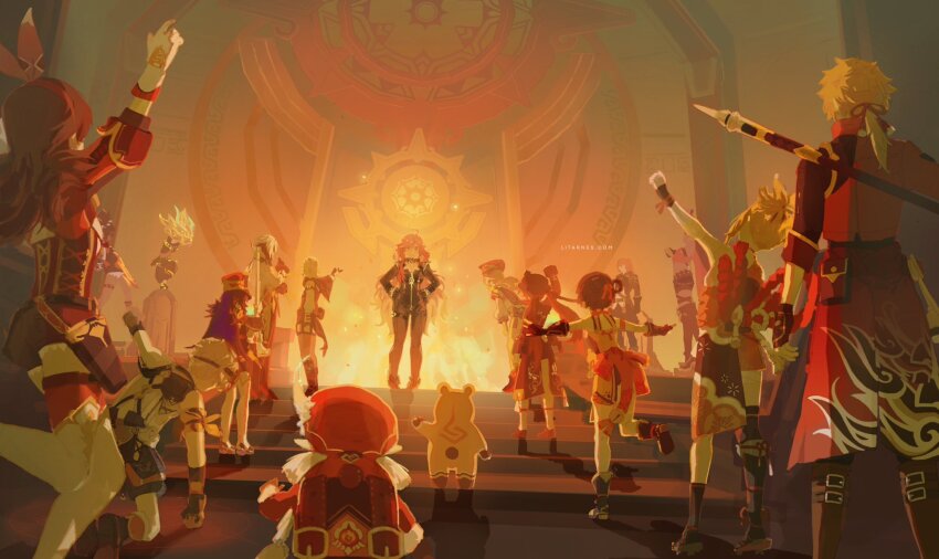 1other amber_(genshin_impact) arlecchino_(genshin_impact) armor bandaged_leg bandages bennett_(genshin_impact) biker_clothes bikesuit black_bodysuit black_gloves black_hair blonde_hair bodysuit brown_gloves brown_hair newsboy_cap chevreuse_(genshin_impact) choker clover_print coat dark-skinned_female dark_skin dehya_(genshin_impact) diluc_(genshin_impact) flower from_behind gaming_(genshin_impact) genshin_impact gloves goggles goggles_around_neck goggles_on_head guoba_(genshin_impact) hairband halterneck hat hat_flower highres horns hu_tao_(genshin_impact) jacket japanese_armor japanese_clothes kimono klee_(genshin_impact) litarnes long_hair long_sleeves low_ponytail lyney_(genshin_impact) mavuika_(genshin_impact) multicolored_hair multiple_boys multiple_girls multiple_thigh_straps orange_eyes orange_hair orange_kimono pink_hair pointy_ears polearm ponytail porkpie_hat red_coat red_eyes red_hair red_hairband red_jacket shirt shorts spear streaked_hair thighhighs thoma_(genshin_impact) twintails two-tone_hair very_long_hair watermark weapon web_address white_hair xiangling_(genshin_impact) xiezhi_guan xinyan_(genshin_impact) yanfei_(genshin_impact) yoimiya_(genshin_impact)