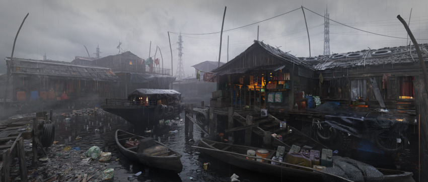 boat building canal commentary day english_commentary highres house no_humans original outdoors overcast photorealistic pier power_lines rain realistic scenery sky stairs transmission_tower trash unused_tire variant_set watercraft yamadera_kei