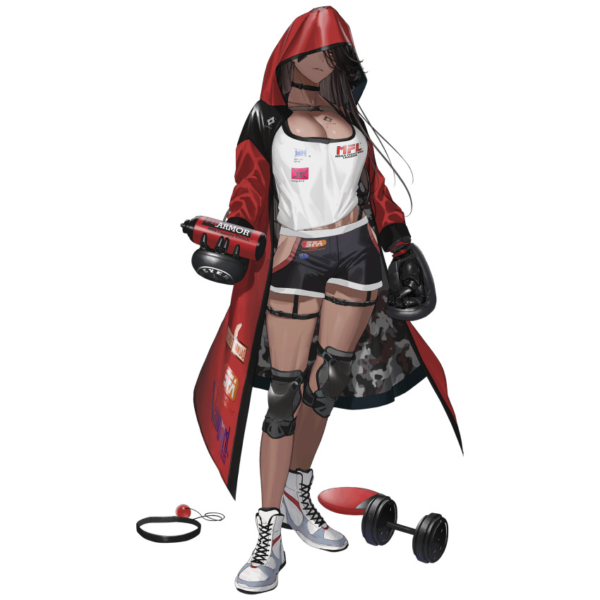 1girl black_hair black_shorts bottle boxing_gloves breasts choker cleavage dark-skinned_female dark_skin full_body game_cg girls&#039;_frontline girls&#039;_frontline_neural_cloud highres hip_vent holding holding_bottle hood hood_over_one_eye hood_up jacket kaoruko_(unkrk55) knee_pads large_breasts magnhilda_(neural_cloud) official_art open_clothes open_jacket shirt shoes shorts sneakers solo standing tachi-e third-party_source transparent_background water_bottle weight white_shirt white_shoes yellow_eyes