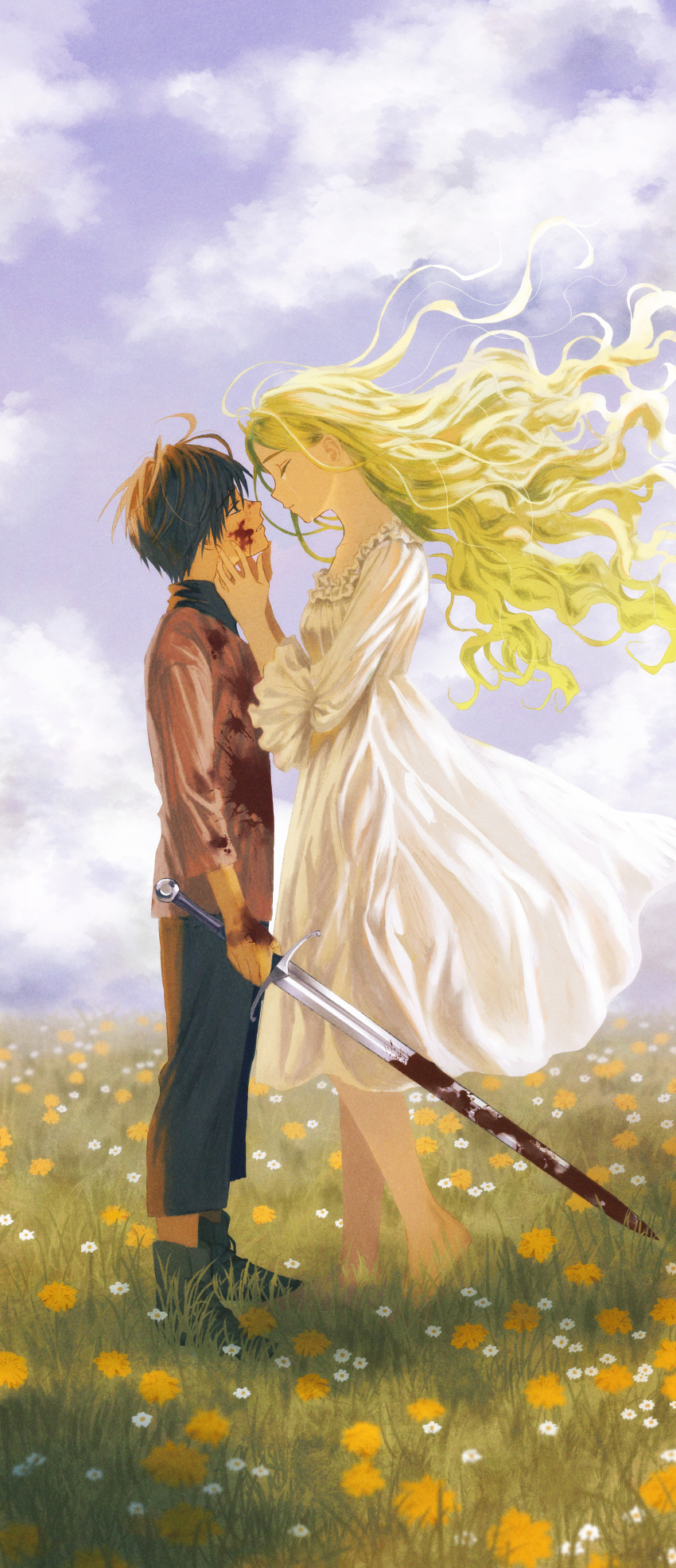 1boy 1girl absurdres barefoot black_hair blonde_hair blood blood_on_face bloody_weapon boots closed_eyes cloud commentary_request couple dress edaori face-to-face field floating_hair flower flower_field from_side hands_on_another&#039;s_cheeks hands_on_another&#039;s_face hetero highres holding holding_sword holding_weapon long_hair original outdoors profile shirt sky sword weapon white_dress wind