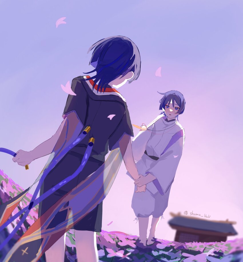 2boys architecture barefoot black_kimono black_sash black_shorts black_sleeves blunt_ends building cable clothing_cutout crying crying_with_eyes_open dual_persona east_asian_architecture eyeliner eyeshadow falling_petals field flower flower_field furisode genshin_impact highres holding holding_another&#039;s_wrist holding_cable japanese_clothes kariginu kimono layered_sleeves long_sleeves looking_at_another makeup multiple_boys open_mouth outdoors pants pelvic_curtain petals pink_flower pink_petals purple_hair purple_sky purple_sleeves red_eyeliner red_eyeshadow sash scaramouche_(genshin_impact) scaramouche_(kabukimono)_(genshin_impact) shomo_uwu short_sleeves shorts side_cutout sketch sky tears twitter_username white_pants white_sleeves wispy_bangs