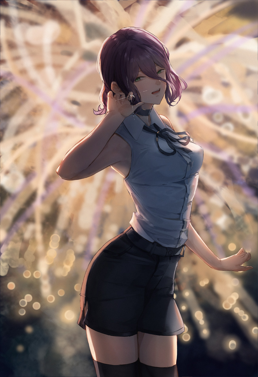 1girl absurdres aerial_fireworks be_story_(artist) black_ribbon black_shorts black_thighhighs blurry blurry_background chainsaw_man fireworks green_eyes grenade_pin grey_shirt hair_between_eyes highres looking_at_viewer neck_ribbon night outdoors purple_hair reze_(chainsaw_man) ribbon shirt shirt_tucked_in shorts sleeveless sleeveless_shirt solo thighhighs