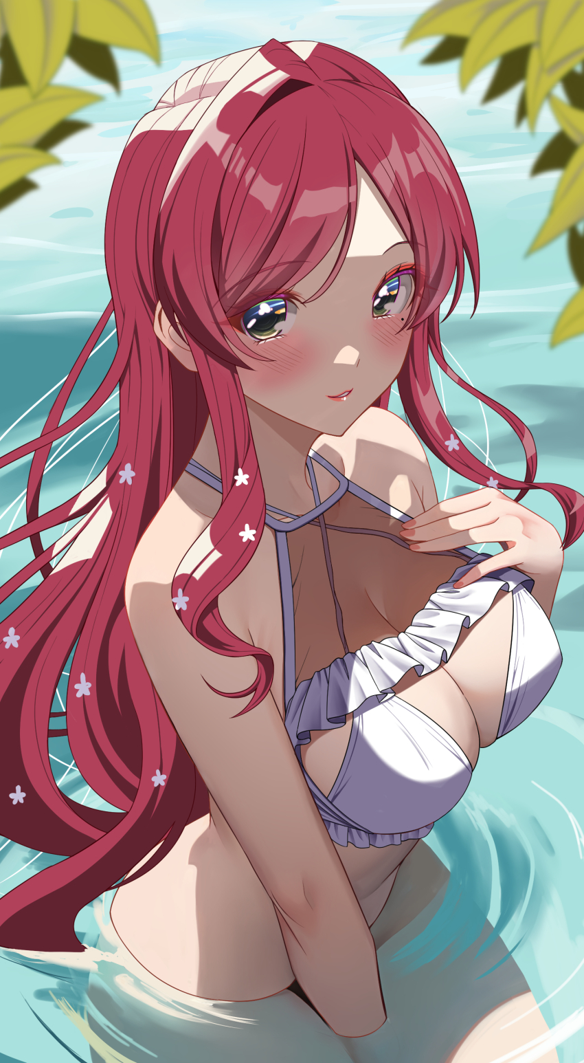 1girl absurdres akihiro0920 bikini blush breasts cleavage day eyeshadow female_focus flower frilled_bikini frills green_eyes hair_flower hair_ornament halterneck hanazono_hahari hand_on_own_chest happy_birthday highres kimi_no_koto_ga_dai_dai_dai_dai_daisuki_na_100-nin_no_kanojo large_breasts leaf light_smile long_hair looking_at_viewer makeup mature_female mole mole_under_eye multi-strapped_bikini_top parted_bangs parted_lips partially_submerged pink_hair red_eyeshadow see-through_cleavage see-through_clothes single_hair_intake solo swimsuit very_long_hair water white_bikini