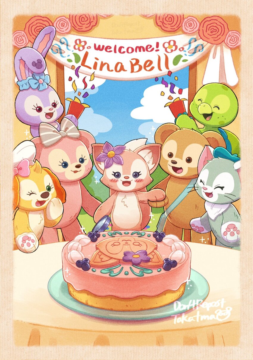 3boys 4girls animal_ears bear_girl cat_ears cookieann duffy_and_friends duffy_the_disney_bear fox_girl gelatoni highres linabell long_sleeves looking_at_viewer multiple_boys multiple_girls no_humans olu_mel rabbit_ears rabbit_girl shelliemay shirt smile stellalou stuffed_animal stuffed_toy takatmaorange turtle_boy