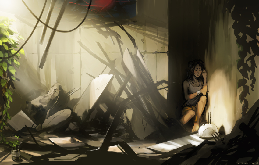 1girl artist_name artistic_error bandages bare_shoulders brown_hair can chell closed_eyes female_focus portal portal_(series) portal_1 portal_2 radio serain sitting smile solo typo valve