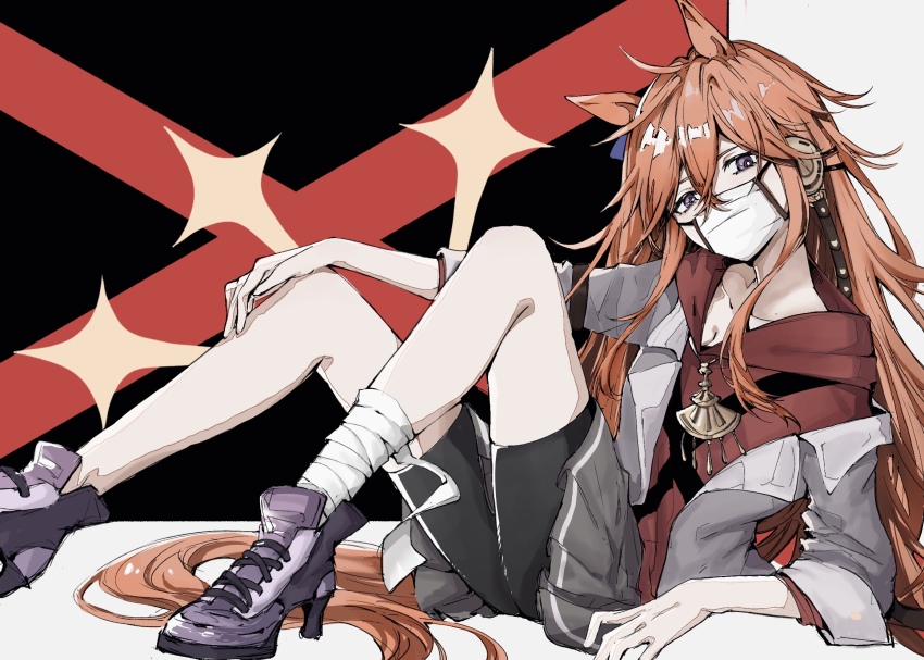 1girl aburi-gatana ahoge animal_ears bike_shorts bike_shorts_under_skirt blue_bow bow brown_hair commentary_request ear_bow full_body grey_jacket grey_skirt hand_on_own_knee high_heels highres hood hooded_sweater horse_ears horse_girl horse_tail jacket long_hair messy_hair multicolored_background on_ground orfevre_(umamusume) orfevre_(old_design)_(umamusume) pleated_skirt purple_footwear red_sweater simple_background skirt solo sparkle sweater tail umamusume white_background
