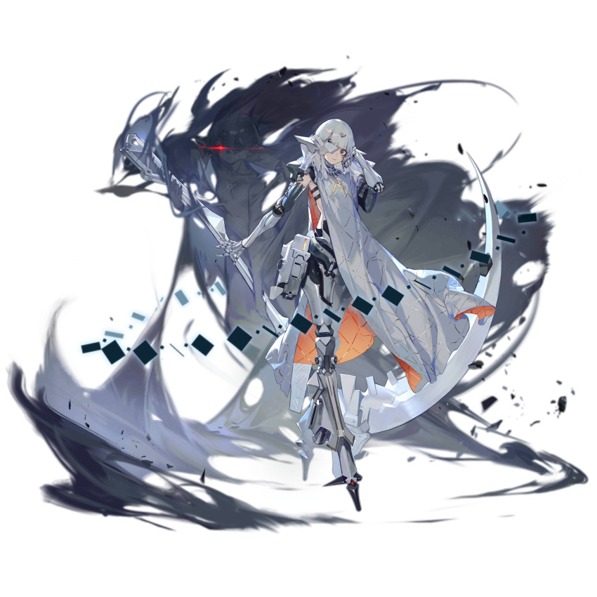 1girl alina_(girls&#039;_frontline) breasts brown_eyes closed_mouth cyborg debris empty_eyes expressionless eyepatch facial_mark full_body girls&#039;_frontline gold_trim gun hair_ornament hairclip headgear highres holding holding_scythe holding_weapon joints lips long_hair looking_at_viewer mechanical_arms mechanical_legs medium_breasts metal_eyepatch no_feet nyto_(girls&#039;_frontline) official_art pale_skin paradeus rifle robot_joints rock scapular scythe simple_background smoke solo stand_(jojo) standing third-party_source transparent_background weapon white_hair white_scapular xiao_qiang_sang