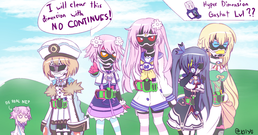 1girl 5boys artist_name bare_shoulders black_hair blanc_(neptunia) blanc_(neptunia)_(cosplay) blonde_hair blue_eyes brown_hair choker coat cosplay d-pad d-pad_hair_ornament gashat hair_between_eyes hair_ornament hair_ribbon hat highres hood hooded_jacket jacket kamen_rider kamen_rider_brave kamen_rider_ex-aid kamen_rider_ex-aid_(series) kamen_rider_genm kamen_rider_lazer kamen_rider_snipe kiiyo_dex long_hair multiple_boys neckerchief nepgear nepgear_(cosplay) neptune_(neptunia) neptune_(series) noire_(neptunia) noire_(neptunia)_(cosplay) outdoors purple_eyes purple_hair ribbon rider_belt short_hair socks striped_clothes striped_socks twintails vert_(neptunia) vert_(neptunia)_(cosplay)
