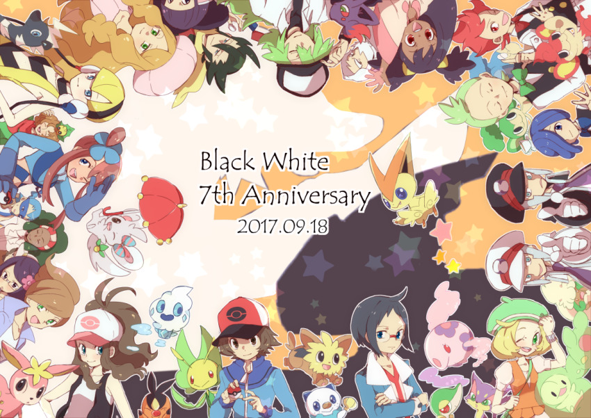 6+boys 6+girls :d ahoge anniversary arm_up aurea_juniper bare_arms baseball_cap bianca_(pokemon) black_vest blitzle blonde_hair blue_eyes blue_gloves blue_hair blue_jacket blunt_bangs bow bowtie brown_hair brycen_(pokemon) burgh_(pokemon) buttons caitlin_(pokemon) cheren_(pokemon) chili_(pokemon) cilan_(pokemon) closed_eyes closed_mouth commentary_request copyright_name creatures_(company) cress_(pokemon) crossed_arms deerling drayden_(pokemon) elesa_(pokemon) elite_four emmet_(pokemon) facial_hair fennel_(pokemon) flower game_freak gen_5_pokemon glasses gloves green_eyes green_hair green_headwear green_neckwear grey_hair grimsley_(pokemon) gym_leader hair_between_eyes hair_flower hair_ornament hair_over_one_eye hair_tie hand_up hat headband hilbert_(pokemon) hilda_(pokemon) holding holding_poke_ball holding_strap ingo_(pokemon) iris_(pokemon) jacket leavanny lenora_(pokemon) lillipup long_hair looking_at_viewer minccino misha_(ohds101) multiple_boys multiple_girls munna n_(pokemon) nintendo one_eye_closed open_mouth oshawott panpour pansage pansear peaked_cap pink_headwear pointing poke_ball poke_ball_(basic) poke_ball_symbol pokemon pokemon_(creature) pokemon_bw purple_hair purrloin red_eyes red_hair reuniclus shauntal_(pokemon) shirt short_sleeves sidelocks skyla_(pokemon) sleeveless sleeveless_shirt smile snivy tepig tongue traditional_bowtie vanillite vest white_gloves white_hair white_shirt zipper_pull_tab zorua