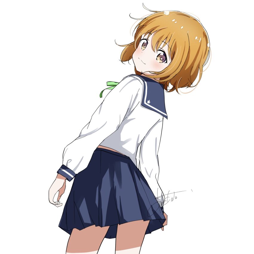 1girl asuka_asumi blue_skirt closed_mouth feet_out_of_frame female_focus hair_between_eyes highres koisuru_asteroid konohata_mira legs_up long_sleeves looking_at_viewer multicolored_eyes orange_hair ribbon school_uniform serafuku shirt short_hair simple_background skirt smile solo standing star_(symbol) white_background white_shirt