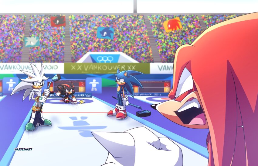 4boys air_shoes animal_ears black_fur blue_footwear blue_fur boots boxing_gloves curling curling_stone dreadlocks echidna_(animal) fang gloves green_eyes hedgehog highres knuckles_the_echidna mario_&amp;_sonic_(series) mario_&amp;_sonic_at_the_olympic_games_(2007) multiple_boys olympics open_mouth purple_eyes red_eyes red_footwear red_fur risziarts sega shadow_the_hedgehog shoes short_tail silver_the_hedgehog sneakers sonic_(series) sonic_the_hedgehog spiked_gloves tail teeth upper_teeth_only white_footwear white_fur white_gloves yellow_eyes