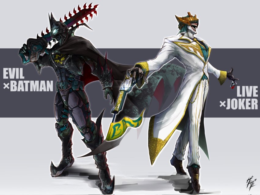 2boys armor bat_genome batman batman_(series) cape card chainsword clown colored_skin commentary_request cowl dc_comics english_text evilblade formal_clothes full_body fusion gauntlets glowing glowing_eyes green_hair gun handgun helmet highres holding holding_gun holding_weapon kamen_rider kamen_rider_evil kamen_rider_live kamen_rider_revice livegun mask multiple_boys necktie playing_card revolver short_hair signature simple_background smile solo suit teeth the_joker weapon white_skin white_suit zagizagi zipper