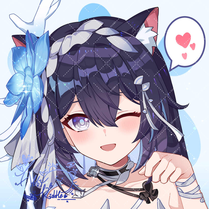 1girl ;d abby_riddle absurdres animal_ears blue_eyes blue_flower blue_hair cat_ears chinese_commentary commentary flower hair_flower hair_ornament heart highres honkai_(series) honkai_impact_3rd long_hair multicolored_hair one_eye_closed open_mouth paw_pose seele_vollerei seele_vollerei_(herrscher_of_rebirth) signature smile solo spoken_heart two-tone_hair watermark watermark_grid