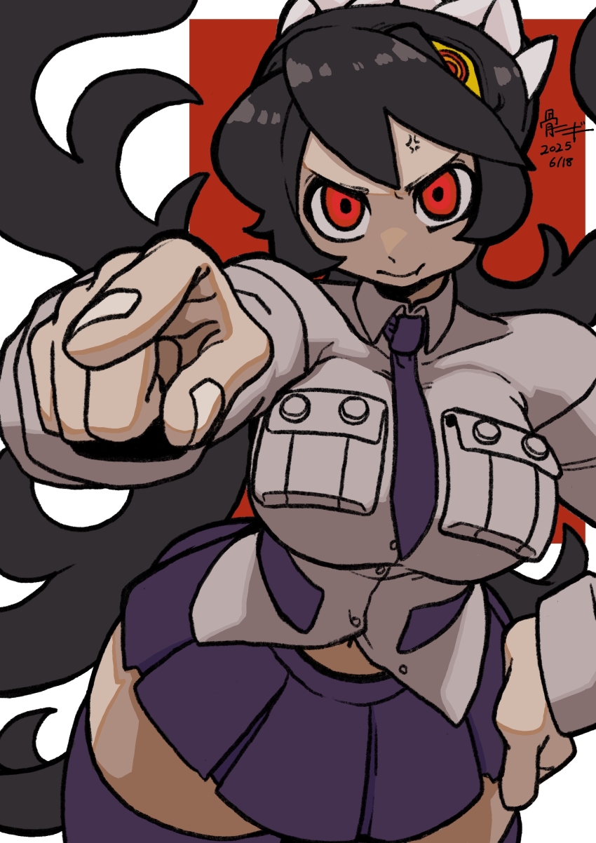 1girl anger_vein angry black_hair bone_nigi breasts cheek_bulge facing_viewer filia_(skullgirls) hand_on_own_hip highres index_finger_raised large_breasts long_hair looking_at_viewer necktie pleated_skirt pointing pointing_at_viewer pout red_background red_eyes school_uniform skirt skullgirls solo thick_thighs thighhighs thighs wide_hips