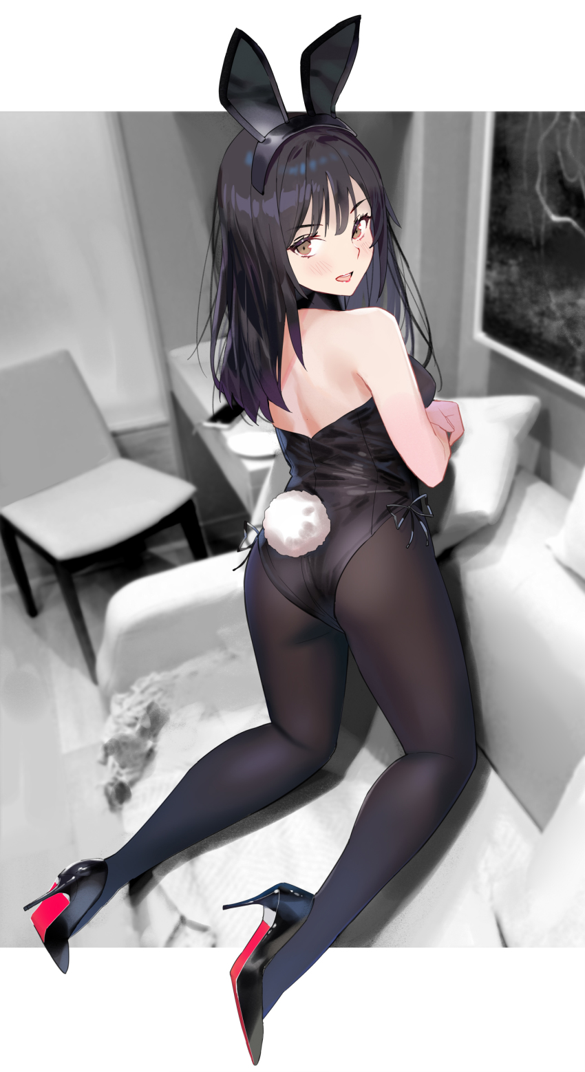 absurdres animal_ears ass back backless_leotard black_hair chair character_request couch fake_animal_ears high_heels highres leotard looking_at_viewer looking_back miyazakisoul open_mouth pantyhose playboy_bunny rabbit_ears rabbit_tail solo tail thighs