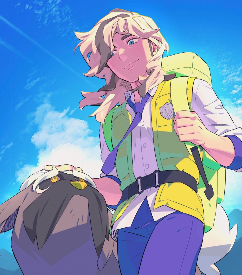 1boy arven_(pokemon) backpack bag blue_eyes brown_hair buttons closed_mouth cloud collared_shirt commentary contrail d3athbyglamour dog dress_shirt eye_contact hand_on_another&#039;s_head hashtag-only_commentary highres holding holding_bag long_hair looking_at_another mabosstiff male_focus multicolored_hair nintendo open_clothes open_vest pants pokemon pokemon_sv purple_pants school_emblem school_uniform shirt sky smile uva_academy_school_uniform vest white_shirt wing_collar yellow_eyes yellow_vest